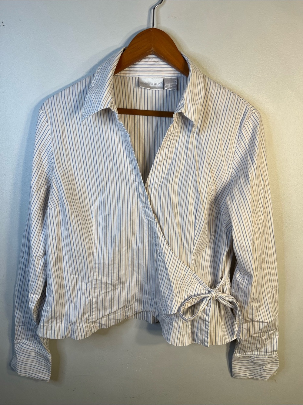 Worthington Blue & White Striped Wrap Button-Down Shirt Size 10